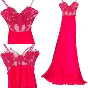 Le Femme Pink Strapless Chiffon Rhinestone Tulle Gown with Sheer Lace Bodice 00